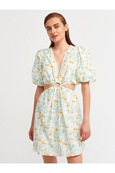 Dilvin 90334 Window Detailed Balloon Sleeve Dress-ecru