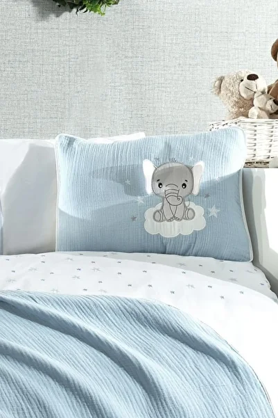 Minelya Home Collection 5 Piece Muslin Covered 100% Cotton 3D Elephant Patterned Blue Baby Duvet Cover Set