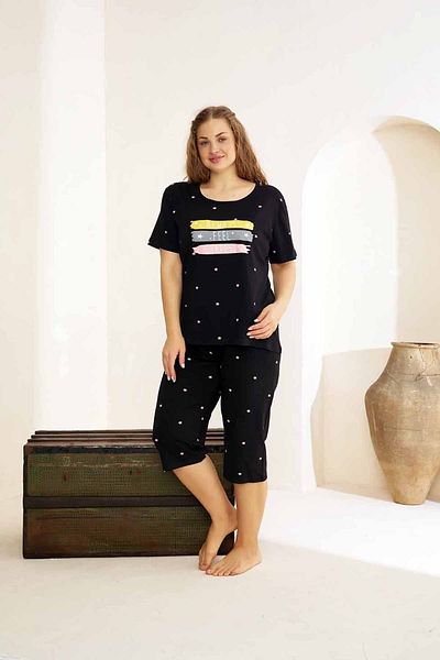 Siyah İnci Cotton Lycra Curve Plus Size Oversize Knitted Capri Set