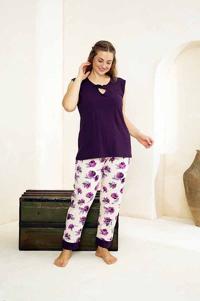 Siyah İnci Cotton Lycra Curve Large Size Oversize Knitted Pajama Set