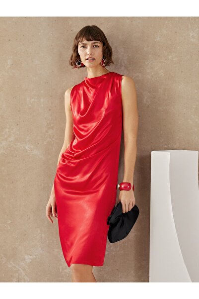 LC Waikiki Satin Bodycon Dress - Draped Collar, Sleeveless