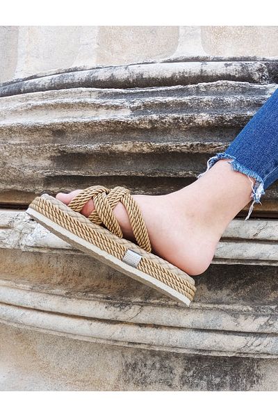 GDT Ayakkabı Gold Color Thick Sole Rope Women's Slippers