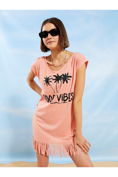 LC Waikiki Strandkleid für Damen – Rundhalsausschnitt, bedruckt, kurze Ärmel