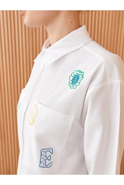 LC Waikiki Gömlek Yaka Nakışlı Uzun Kollu Kadın Poplin Tunik