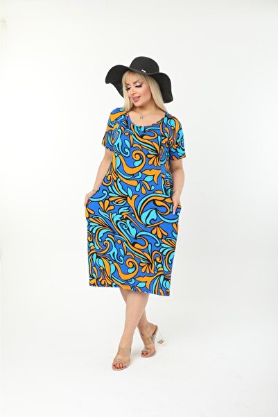 mami butik Plus Size Short Sleeve Above Knee Double Pocket Standard Size Stylish Comfortable Viscose Combed Cotton Dress