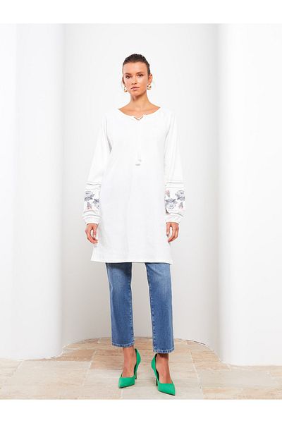 LC Waikiki Langärmlige Tunika für Damen mit Bindekragen und Stickerei