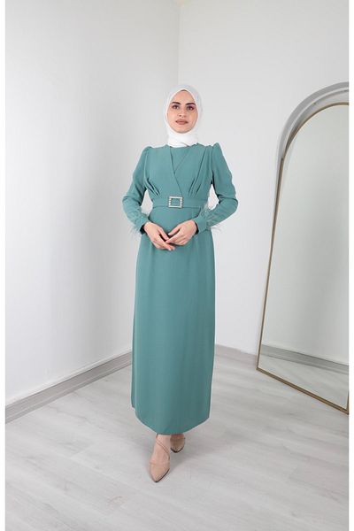 Aranlı tekstil Φόρεμα Hijab μανίκια σε μορφή μολυβιού με λεπτομέρεια από πούπουλα