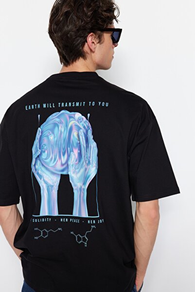 Trendyol Collection Μαύρο μπλουζάκι ποδηλάτου με στάμπα πλάτης 100% βαμβάκι TMNSS23TS00236