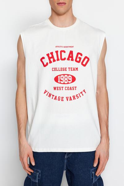 Trendyol Collection Ecru Oversize/Wide Cut City Printed 100% Cotton Sleeveless T-Shirt/Undershirt Tmnss23Al00008