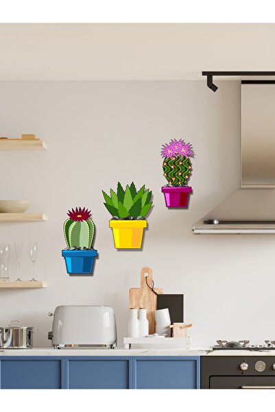 HYL Üç Parça Çiçekli Kaktüsler Uv Baskı Duvar Dekoru Yapışkanlı