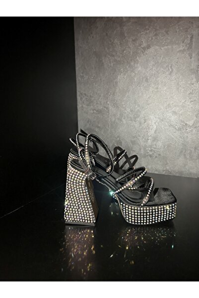 AYAKKABI PRENSİ Dija Stone Detailed Black Satin 12 cm Women's Classic Platfor...