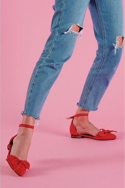 DURUNUN BUTİĞİ Sambo Red Polka Dot Bow Ankle Strap Pointed Toe Casual Ballerinas