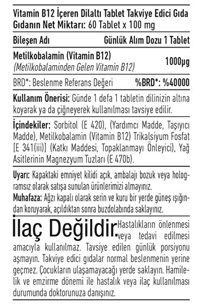 Canfeza Sezgin VİTAMİN B12 METİLKOBALAMİN 60 Tablet