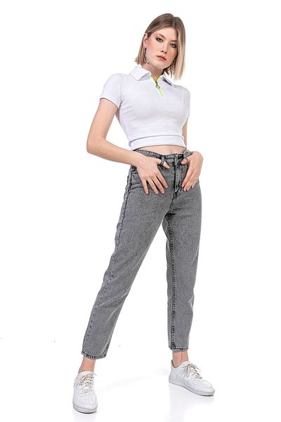 LİMABEL Artificial High Waist Gray Snow Mom Denim Pants Lycra Colorfast Gray Extra Comfortable Mom Jean