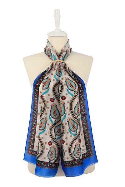 Bursa İpek Saks Black Row Tulip Voile Silk Scarf