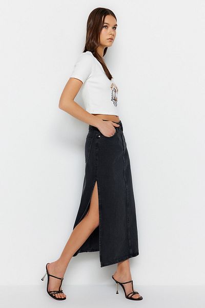 Trendyol Collection Anthrazitfarbener Maxi-Jeansrock mit Schlitz und hoher Taille TWOSS23ET00109