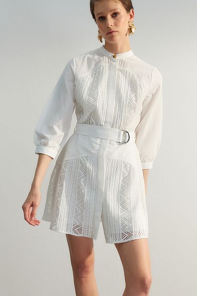 Trendyol Collection Ekrü öves mini hímzéses szőtt ingruha TWOSS23EL00296
