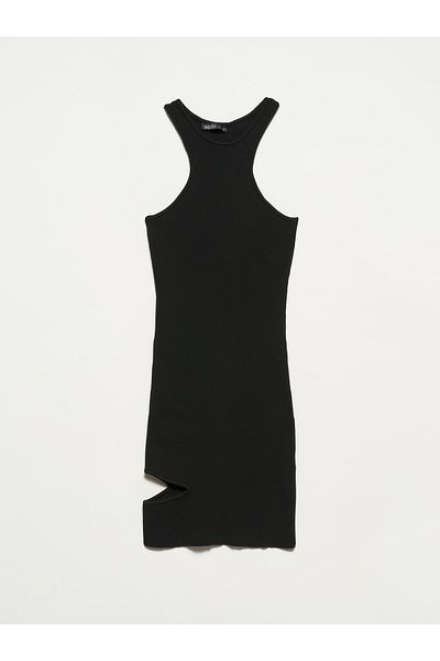 Dilvin 90135 Rochie scurtă de tricotaj cu nervuri cu decolteu roșu - neagră