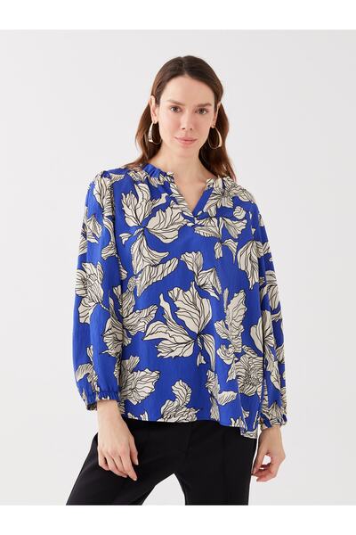 LC Waikiki Kadın Kaçık Yaka Desenli Uzun Kollu Bluz
