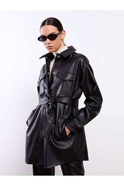 LC Waikiki Πουκάμισο γιακά ίσιο μακρυμάνικο γυναικείο δερμάτινο παλτό