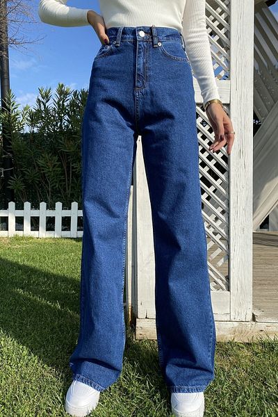 DRC trend Blugi cu talie înaltă din Lycra Palazzo albastru închis Blugi din denim