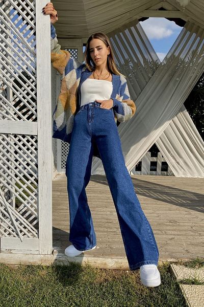 DRC trend Blugi cu talie înaltă din Lycra Palazzo albastru închis Blugi din denim