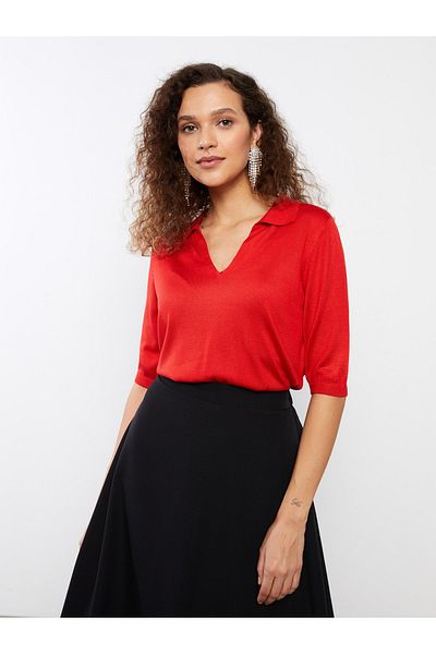 LC Waikiki Polo Neck Plain Short Sleeve Women's Knitwear Sweater