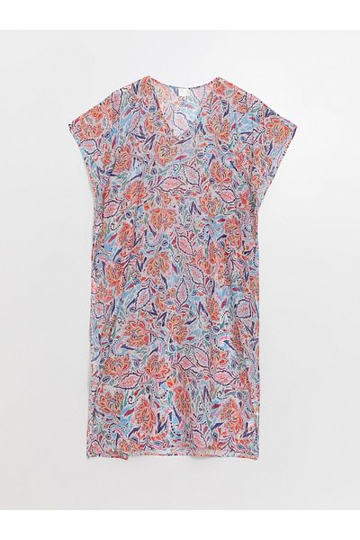LC Waikiki Gemustertes kurzärmliges Strandkleid mit V-Ausschnitt für Damen