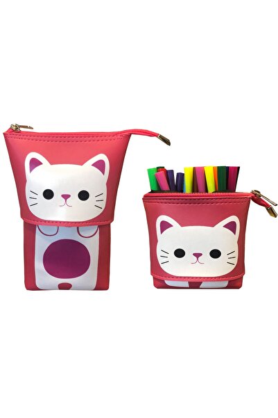 FLY COLOR Sevimli Kedi Desenli Boyutu Ayarlanabilir Deri Kalemlik Pembe