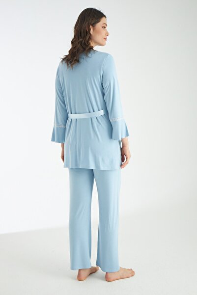 Miss Dünya Lissa Bebe Mavisi Dantel Detaylı 3lü Sabahlıklı Hamile Ve Lohusa Pijama Takımı