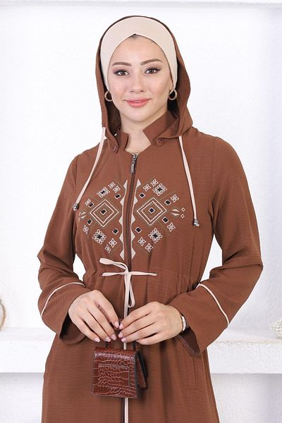 Modamihram Embroidered Hooded Abaya Brown 12210