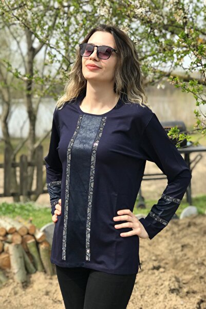 Dinçerler tekstil Kadın Preminyum Deri Işlemeli Uzun Kollu Kolları Deri Detay...