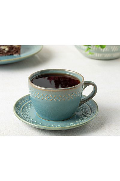 English Home Stoic Ceramic Green Teacup Set - 2 Person, 225 ml, 4 Pieces