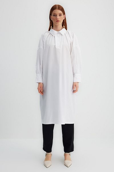 Trendyol Modest X Kevser Sarıoglu White Half Placket Drawstring Detailed 100% Cotton Poplin Woven Tunik TCLSS23UK00002