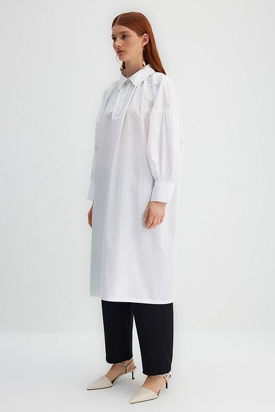 Trendyol Modest X Kevser Sarıoglu White Half Placket Drawstring Detailed 100% Cotton Poplin Woven Tunik TCLSS23UK00002