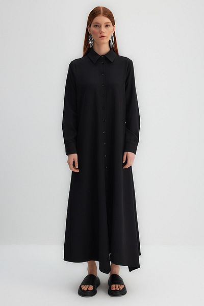 Trendyol Modest X Kevser Sarıoglu Μαύρο υφαντό πουκάμισο φόρεμα με αφαιρούμενη λεπτομέρεια γραβάτας TCLSS23EB00013