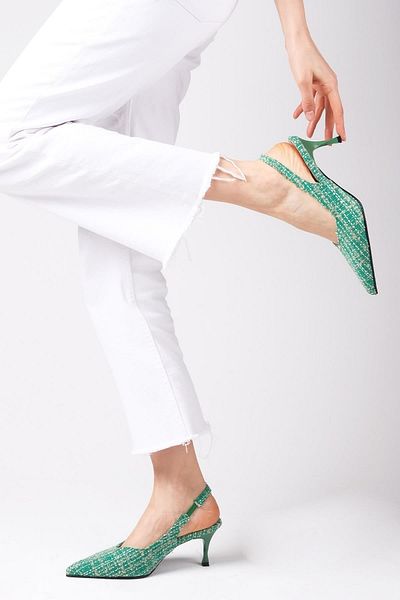 Mio Gusto Justine Green Color Tweed Fabric Women's Heeled Shoes