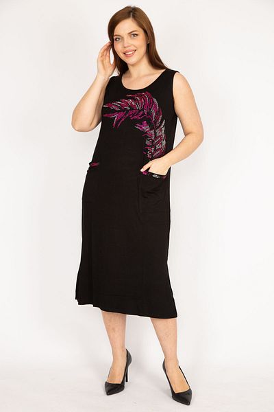 Şans Women's Black Plus Size Stone Detailed Front Pocket Dress 65n35976