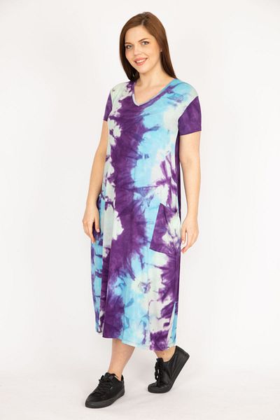 Şans Women's Purple Large Size Tie-Dye Pattern V-Neck Pocket Dress 65n33979