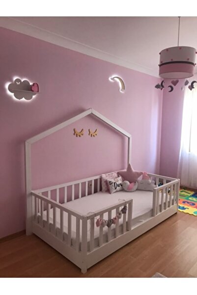 Leobabyroom Beyaz Üzeri Pembe Ponpon Gri Şeritli Pembe Renkli Çocuk/bebek Odası Tasarım Avize Bulut Ay Kalp