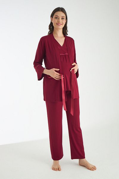 Miss Dünya Lissa Claret Red Lace Detailed 3-Piece Maternity and Maternity Pajamas Set with Dressing Gowns