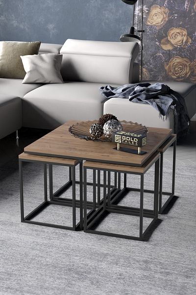GOLDFALEZ 5-Piece Modern Nesting Coffee Table Set - 1 Center Table  + 4 Side Tables - Black Metal Frame
