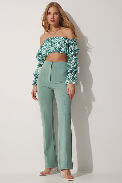 Happiness İstanbul Pantaloni tricotați confortabili din lycra cu talie înaltă verzi pentru femei RV00090
