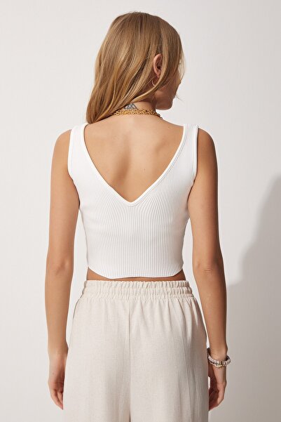 Happiness İstanbul Dámská bílá letní pletená halenka s výstřihem do V ER00051