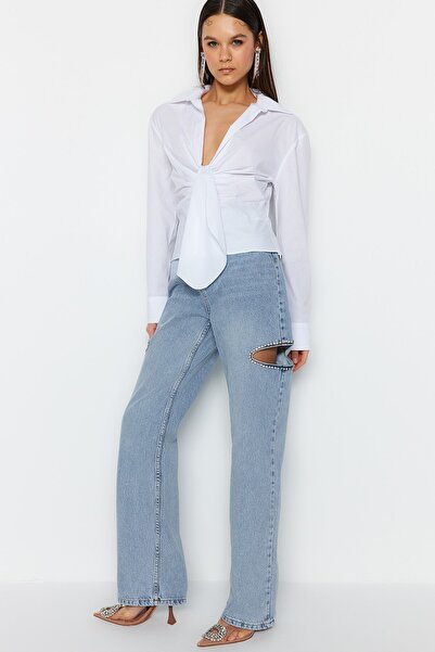 Trendyol Collection Ecru Collar Detailed Poplin Shirt TPRSS23GO00005