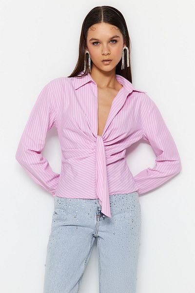 Trendyol Collection Cămașă din poplin cu guler roz TPRSS23GO00005