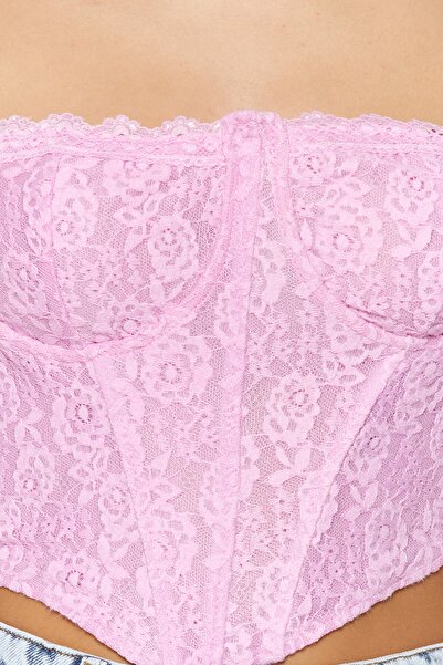 Trendyol Collection Rózsaszín csipke Crop Bustier - Fűző részletesen és grafikával TPRAW23BS00062