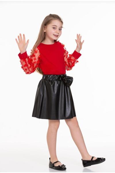 ervasarekids Κοριτσίστικο δερμάτινο κόκκινο σετ με φούστα