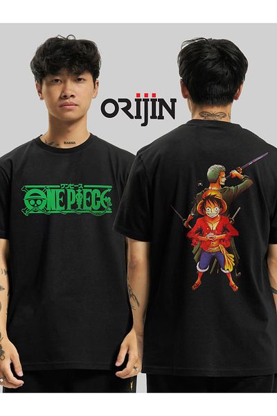 Orijin Tekstil One Piece Monkey D. Luffy Roronoa Zoro Front Back Printed Unisex Black T-shirt