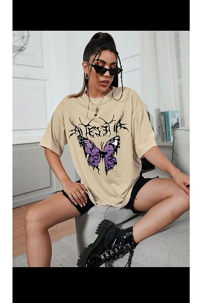 Harmandar Μπλουζάκι Unisex Camel Oversize με μωβ στάμπα πεταλούδας